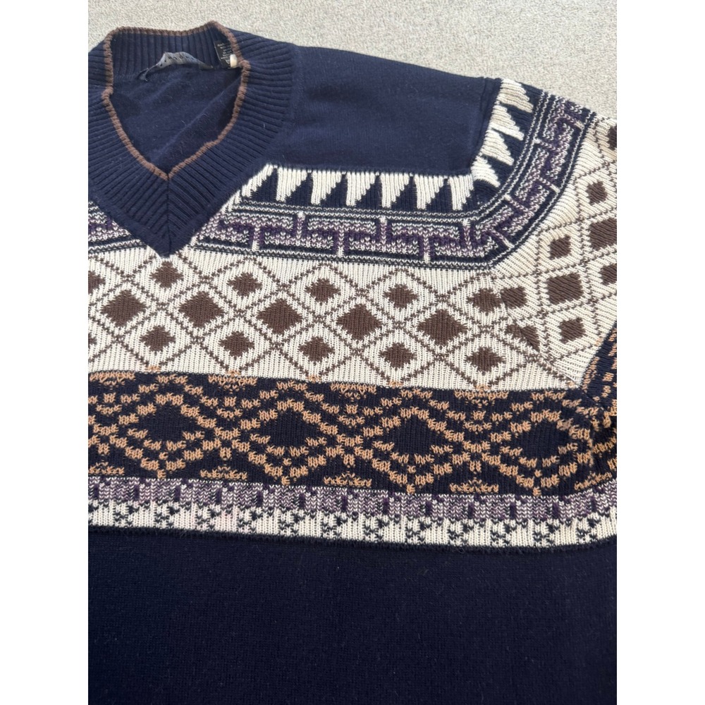 Sean John V Neck Sweater Mens 3XL Navy Blue Good Fair Isle Geometric Pullover - Picture 5 of 11